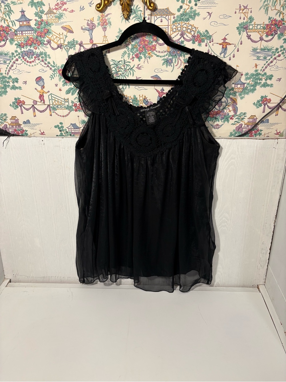 Simply Irresistible , Black Crochet Yoke Sleeveless Chiffon Camisole.
